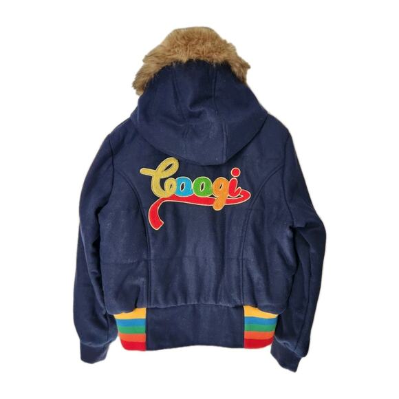 COOGI Jackets & Blazers - Coogi Women's Logo Rainbow Full Zip Navy Wool Varsity Jacket Fur Hood Size XXL